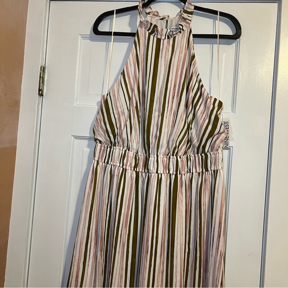 #97 NINE WEST GATHERED WAIST STRIPED HALTER MAXI DRESS SIZE XL - Picture 2 of 6